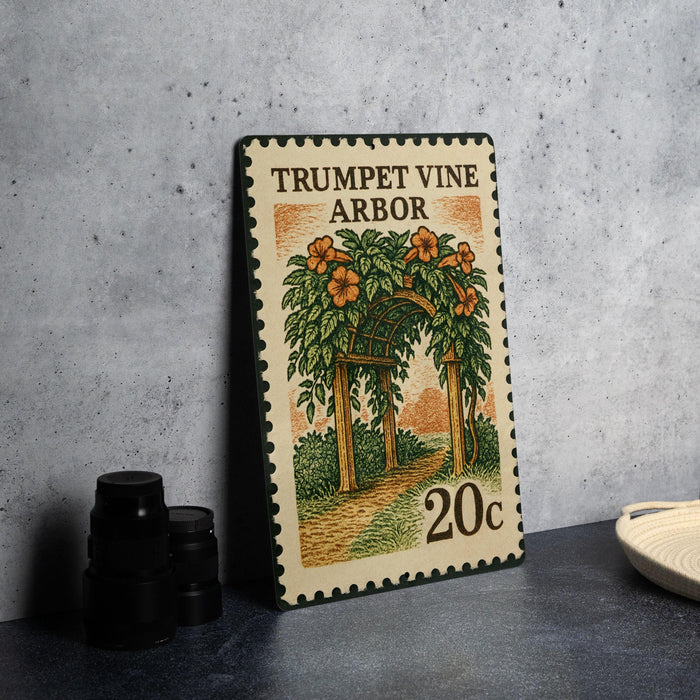 A 20 cent stamp from the Trumpet Vine Arbor, featuring an illustration of a trellis with orange flowers and green leaves.