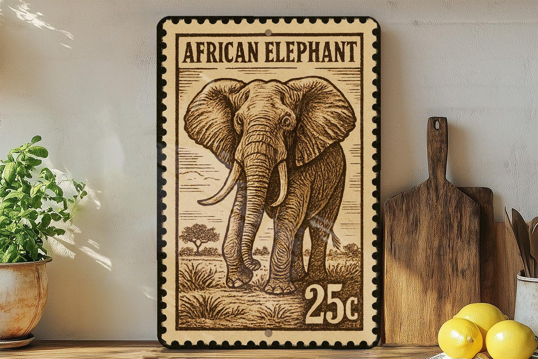 a wooden elephant stamp with the text "African Elephant" and the number "25c" printed on it, displayed on a shelf next to a wooden cutting board and some lemons.