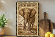 a wooden elephant stamp with the text "African Elephant" and the number "25c" printed on it, displayed on a shelf next to a wooden cutting board and some lemons.