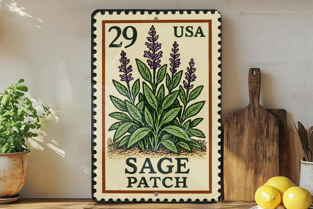 A decorative metal sign featuring a plant illustration and the text "SAGE PATCH" is displayed on a shelf next to a wooden cutting board and a potted plant.