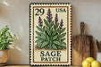 A decorative metal sign featuring a plant illustration and the text "SAGE PATCH" is displayed on a shelf next to a wooden cutting board and a potted plant.