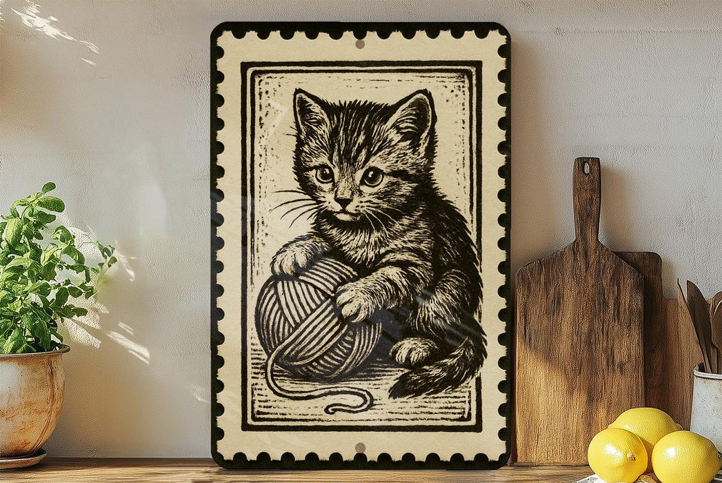 a framed illustration of a kitten sitting on a ball of yarn, surrounded by various kitchen utensils and a potted plant.
