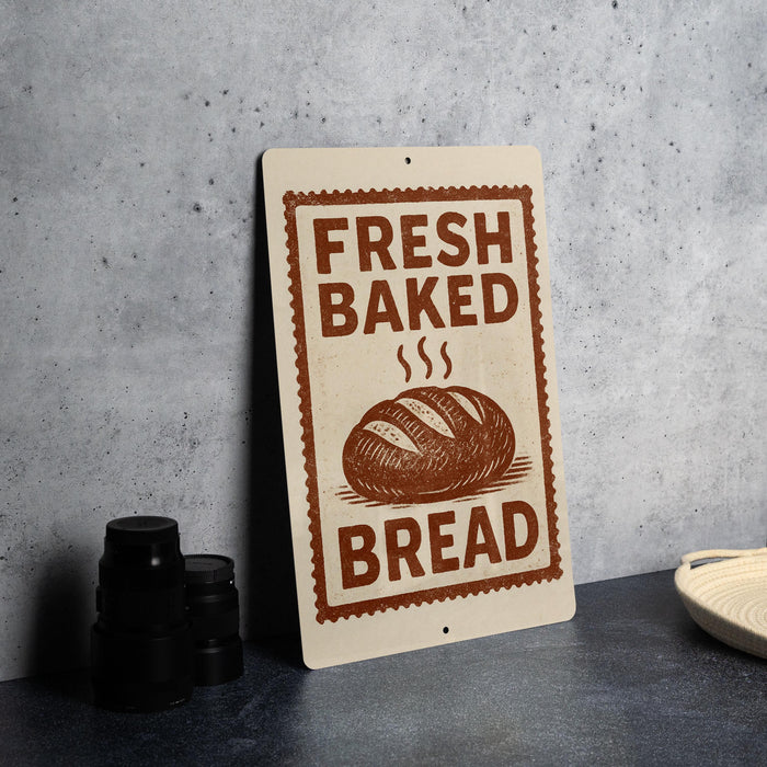 a sign that reads "Fresh Baked Bread" with a picture of a loaf of bread on it.