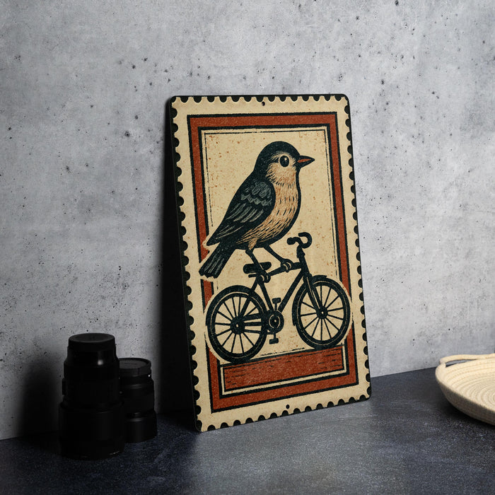 A framed illustration of a bird riding a bicycle is displayed on a table.