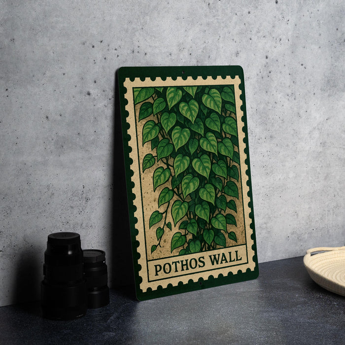 A framed poster of a pothos plant on a wall, with a green border and a stamp-like design.