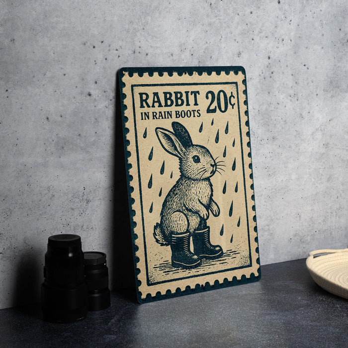 A sign advertising "Rabbit in Rain Boots" for 20 cents, featuring a cartoon rabbit wearing rain boots and surrounded by raindrops.