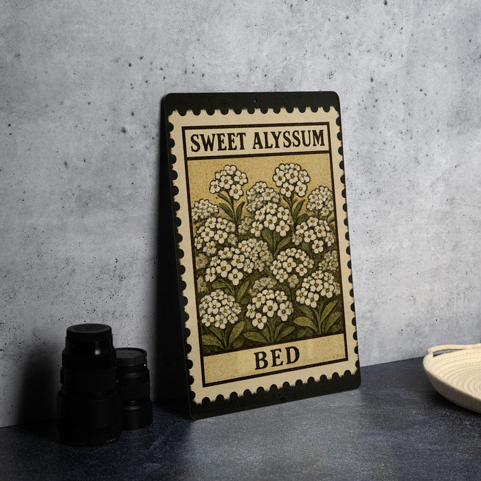A framed print of a flower with the text "Sweet Alyssum Bed" is displayed on a table, accompanied by a stack of black camera lenses and a white dish.