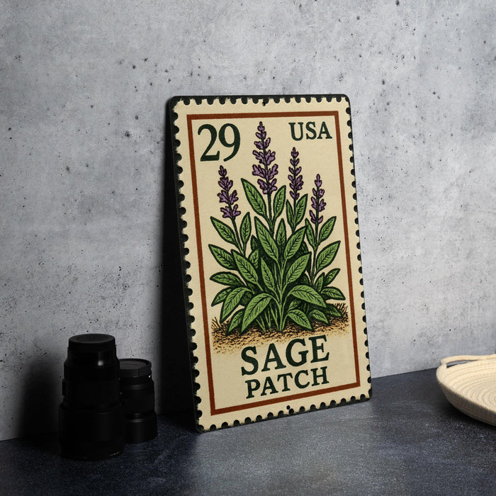 A metal plate with a postage stamp design featuring a plant with purple flowers, labeled "SAGE PATCH" and "29 USA".
