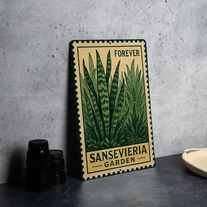 a metal sign with a green plant illustration, placed on a table next to some black camera lenses.