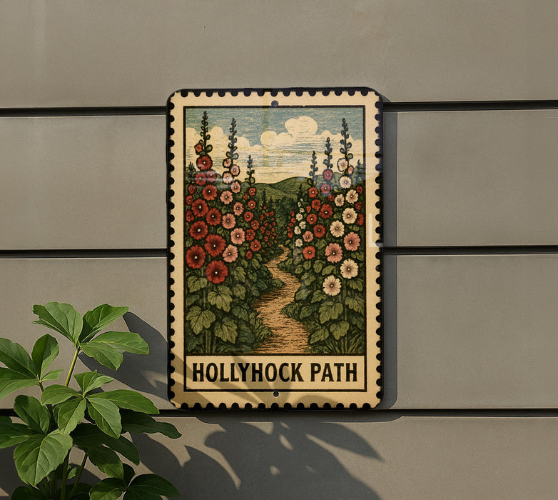A framed illustration of a garden path with colorful flowers is displayed on a wall, accompanied by a potted plant to the left.