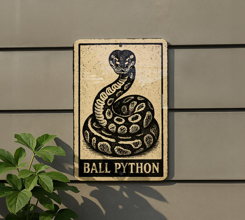 a sign with a snake and the text "BALL PYTHON" on it, mounted on a wall next to a plant.