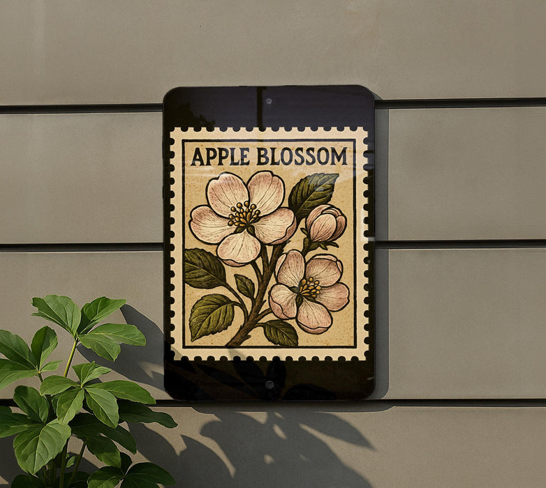 a black sign with a floral design, mounted on a wall next to a plant.