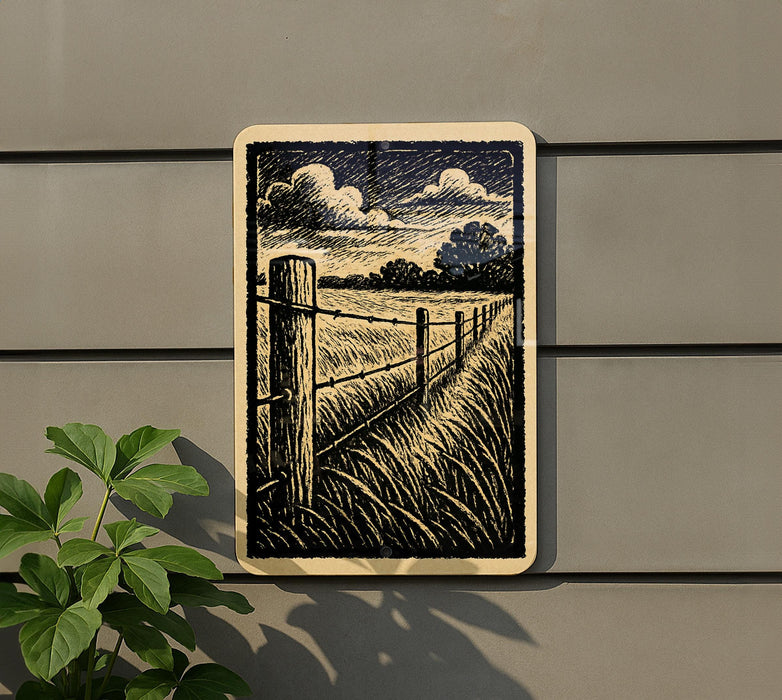 Rustic Fence Line View Metal Sign – Farmhouse Stamp Style Wall Art, Vintage Country Decor for Home, Barn, or Cabin