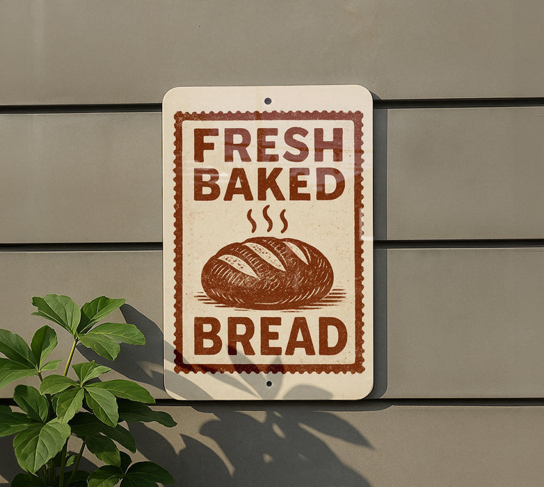 a sign that reads "Fresh Baked Bread" with a picture of a loaf of bread on it.