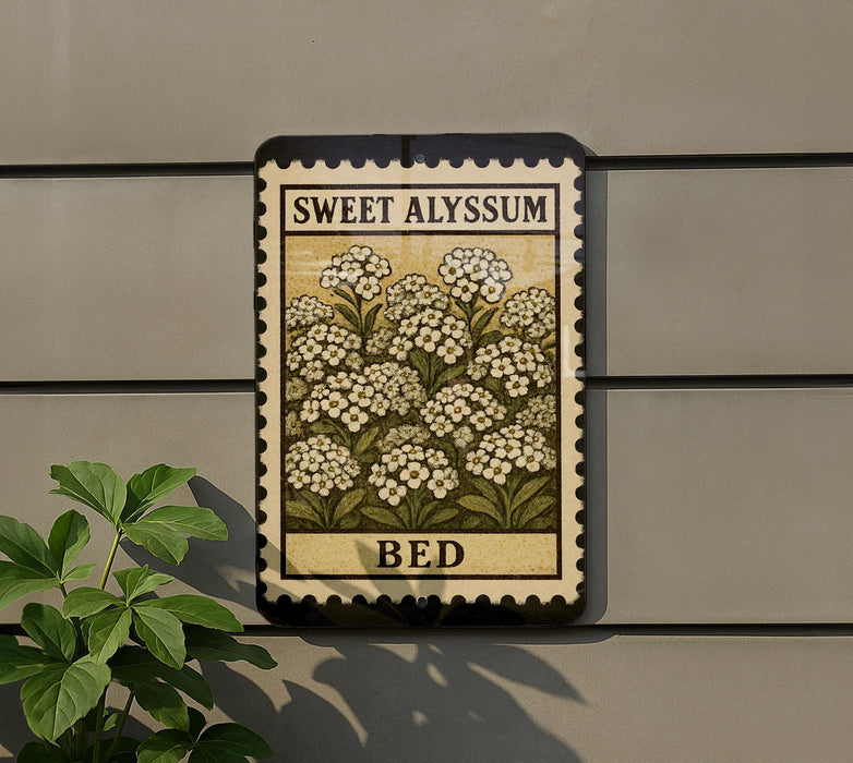 a vintage-style stamp or sign with a floral design, mounted on a wall next to a plant.