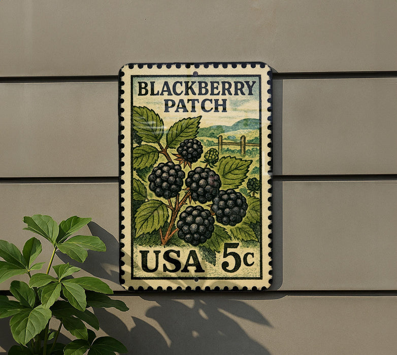 A postage stamp featuring a blackberry patch, with the text "BLACKBERRY PATCH" and "USA 5c" printed on it.