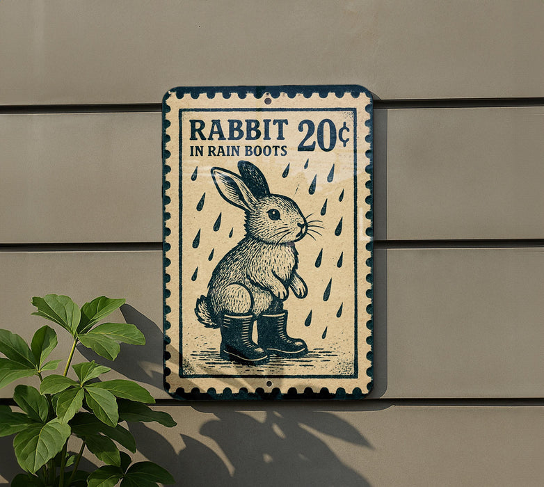 A sign advertising "Rabbit 20¢ in Rain Boots" is displayed on a wall, with a plant visible to the left.