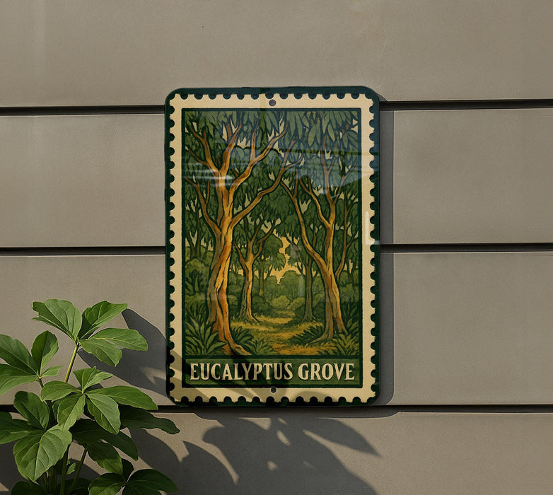 a sign for the Eucalyptus Grove, which is a lush, green forest with a winding path.