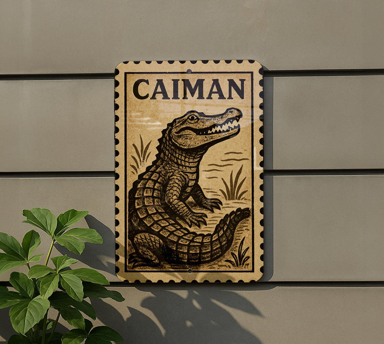 a sign with a crocodile illustration, mounted on a wall next to a plant.