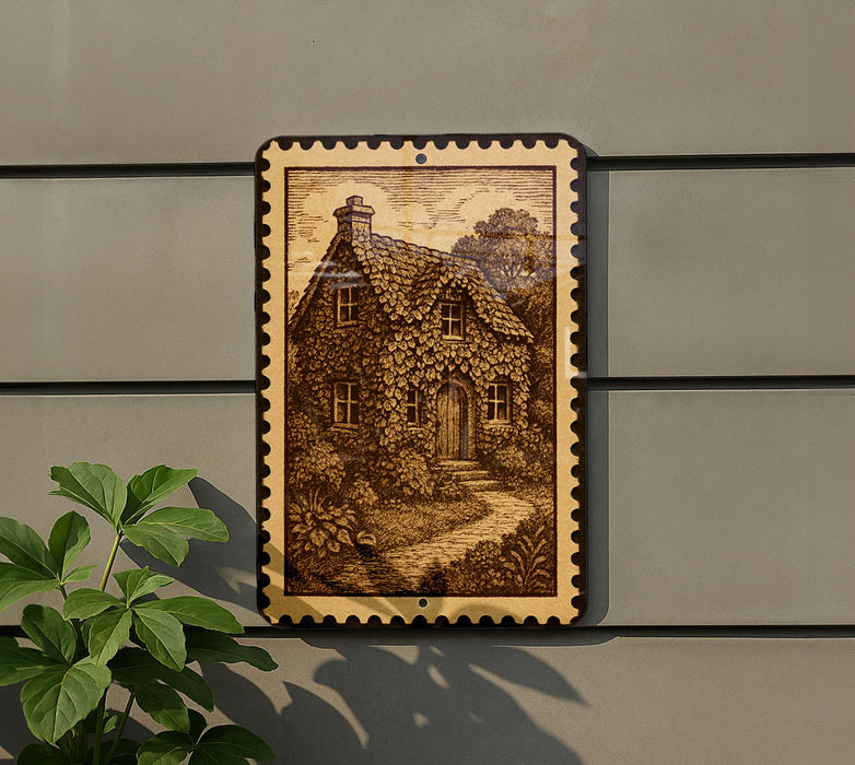 a wooden house with a tiled roof, surrounded by a garden, and is displayed on a wall.