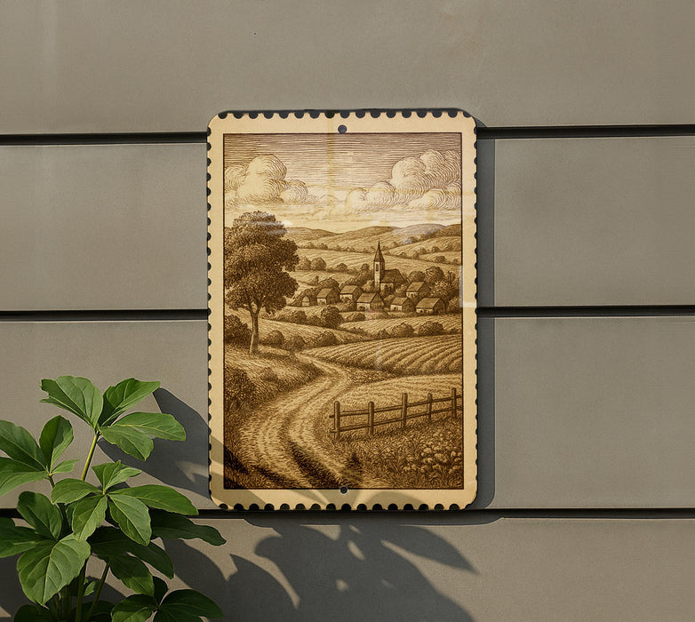 a framed illustration of a rural landscape, depicting a winding road, a small village, and a church in the distance.