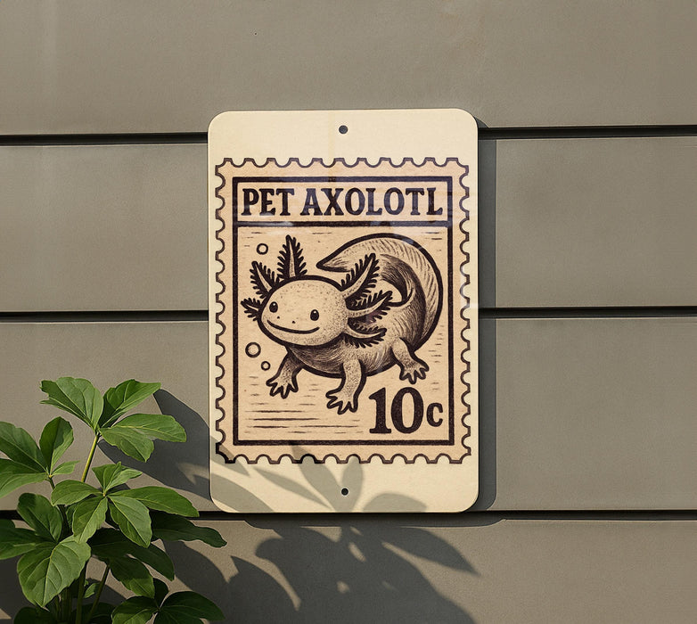 A sign featuring a cartoon axolotl, a type of salamander, with the text "PET Axolotl" and "10c" printed on it.
