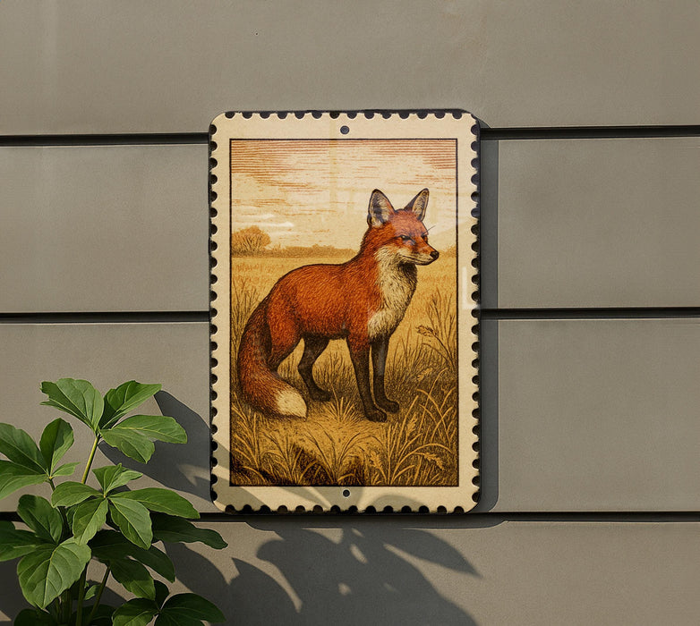a framed illustration of a fox standing in a grassy field.