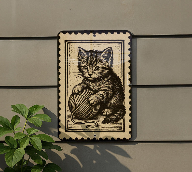 A framed illustration of a cat holding a ball of yarn is displayed on a wall, with a plant visible to the left.