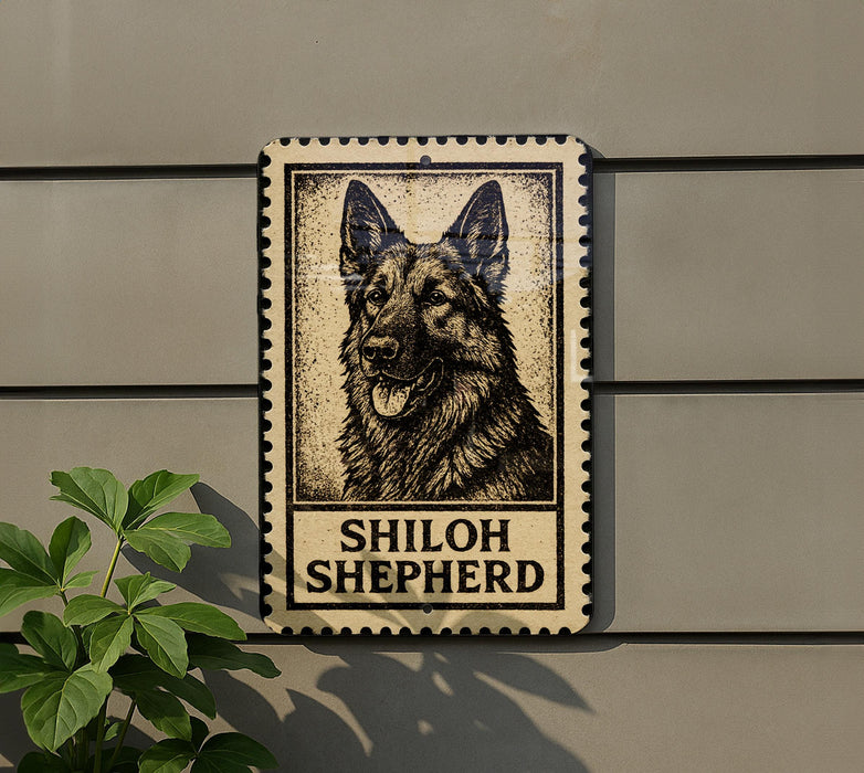 A sign featuring a black and white image of a German Shepherd dog, with the text "SHILOH SHEPHERD" below the image.