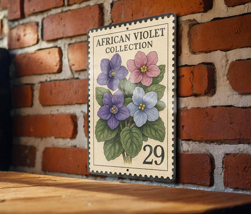 A decorative African violet postage stamp is displayed on a brick wall, featuring a vibrant illustration of purple, blue, and pink flowers.