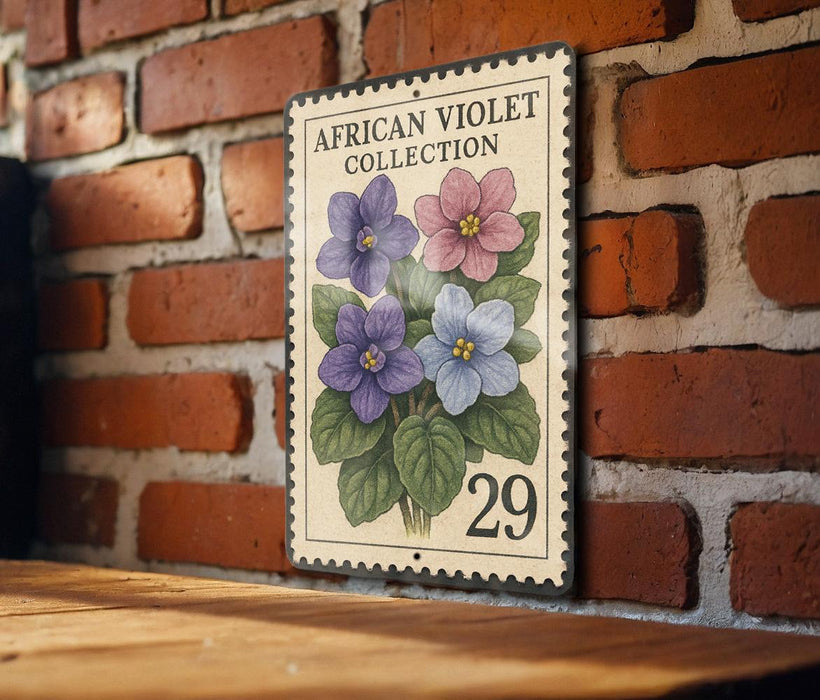 A decorative African violet postage stamp is displayed on a brick wall, featuring a vibrant illustration of purple, blue, and pink flowers.