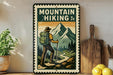 A vintage-style metal sign with a hiker standing on a mountain trail, surrounded by a forest and mountains, with a wooden cutting board and lemons in the foreground.