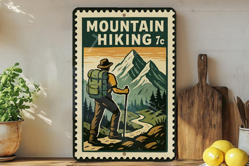 A vintage-style metal sign with a hiker standing on a mountain trail, surrounded by a forest and mountains, with a wooden cutting board and lemons in the foreground.