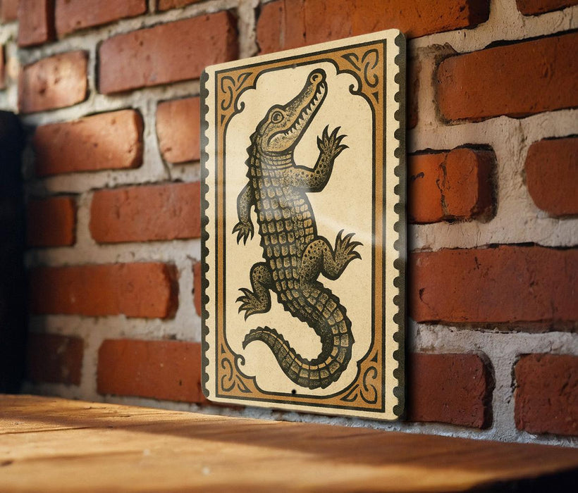 a large, detailed illustration of a crocodile on a wooden surface against a brick wall background.