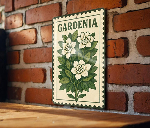 A vintage-style metal sign with a floral design hangs on a brick wall, featuring the word "GARDENIA" prominently displayed.