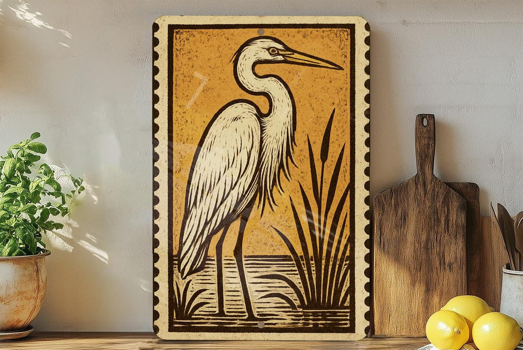 a large framed illustration of a heron standing in a natural setting, with a wooden cutting board and a potted plant nearby.