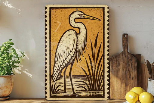 a large framed illustration of a heron standing in a natural setting, with a wooden cutting board and a potted plant nearby.