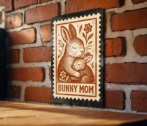 A wooden table with a brick wall in the background, and a framed stamp-like artwork depicting a mother rabbit and her baby rabbit.