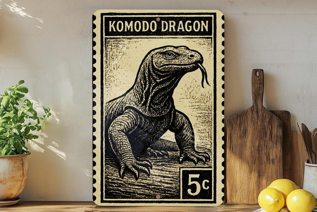 A metal sign featuring a detailed illustration of a Komodo dragon, with a price of 5 cents.