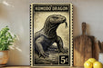 A metal sign featuring a detailed illustration of a Komodo dragon, with a price of 5 cents.