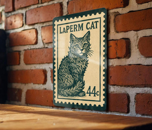 A metal sign with a cat illustration and the text "LAPERM CAT 44c" is displayed on a brick wall.