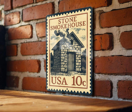 A vintage-style metal sign with a brick wall backdrop, featuring an illustration of a brick house and the text "STONE SMOKEHOUSE" and "USA 10c".