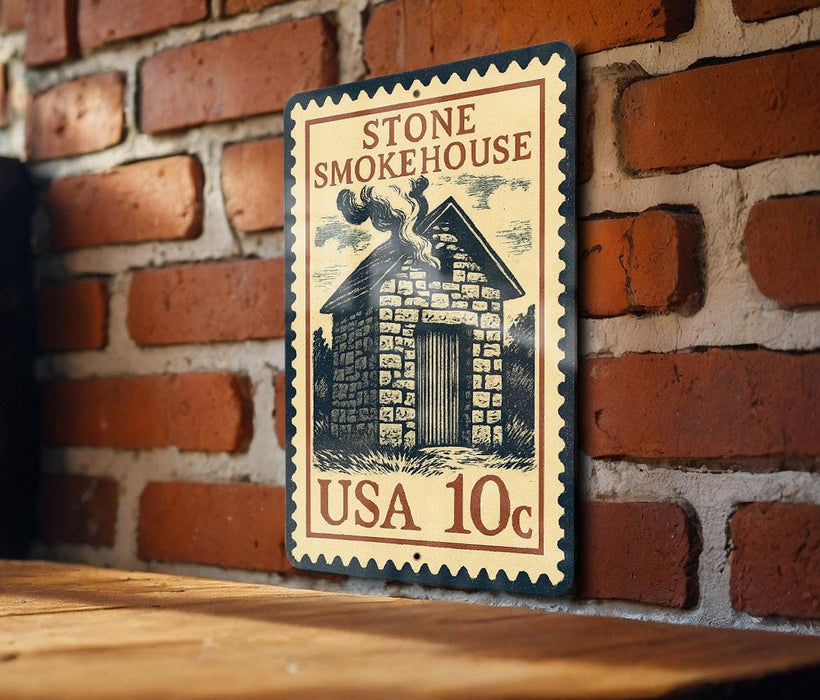 A vintage-style metal sign with a brick wall backdrop, featuring an illustration of a brick house and the text "STONE SMOKEHOUSE" and "USA 10c".