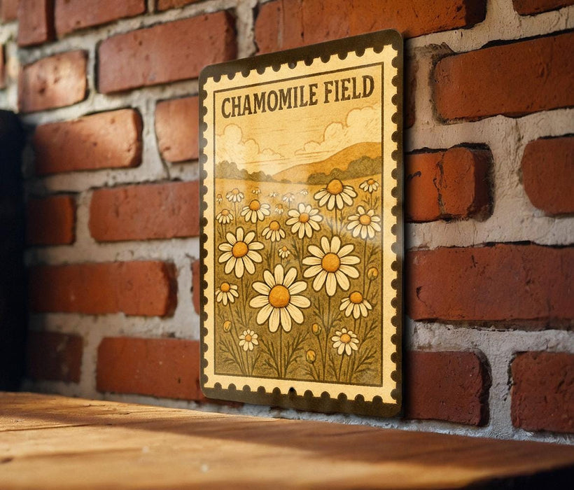 A framed illustration of a field of white flowers is hanging on a brick wall.