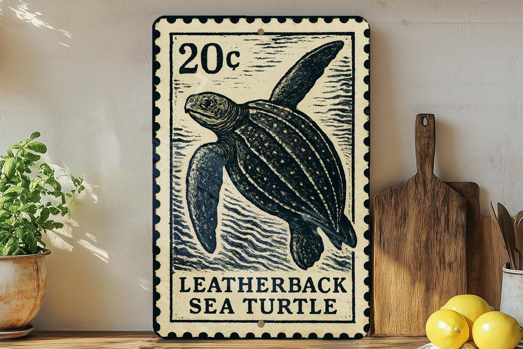 A 20c postage stamp featuring a sea turtle, placed on a wooden surface next to a wooden cutting board and some lemons.