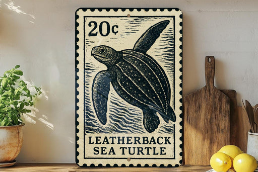 A 20c postage stamp featuring a sea turtle, placed on a wooden surface next to a wooden cutting board and some lemons.
