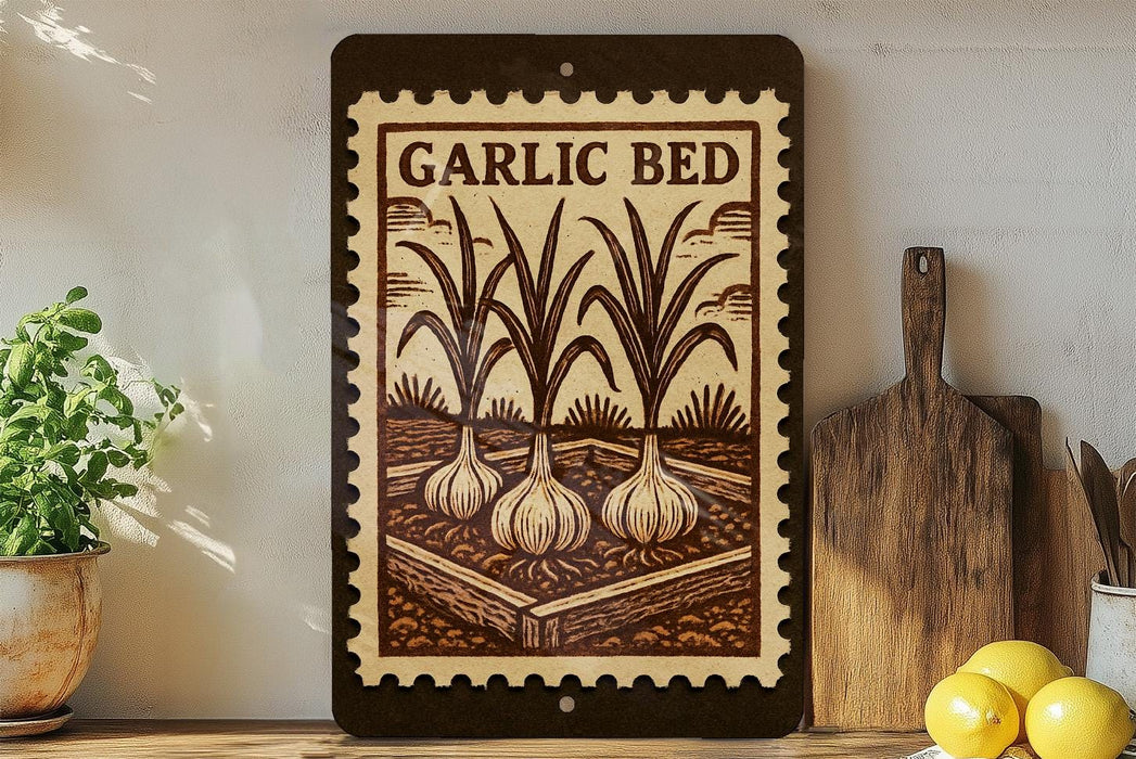 a wooden sign with a garlic bed illustration, surrounded by kitchen utensils and a potted plant on a shelf.