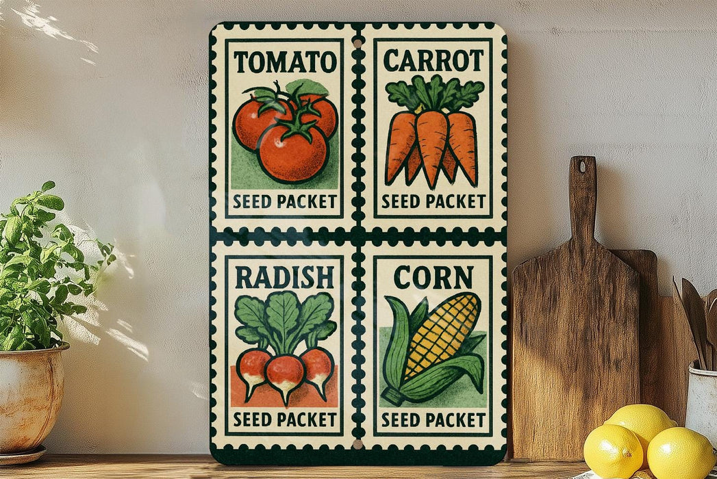 a collection of four seed packets, each depicting a different vegetable: tomatoes, carrots, radishes, and corn. The seed packets are arranged on a shelf, with a wooden cutting board and a potted plant nearby.