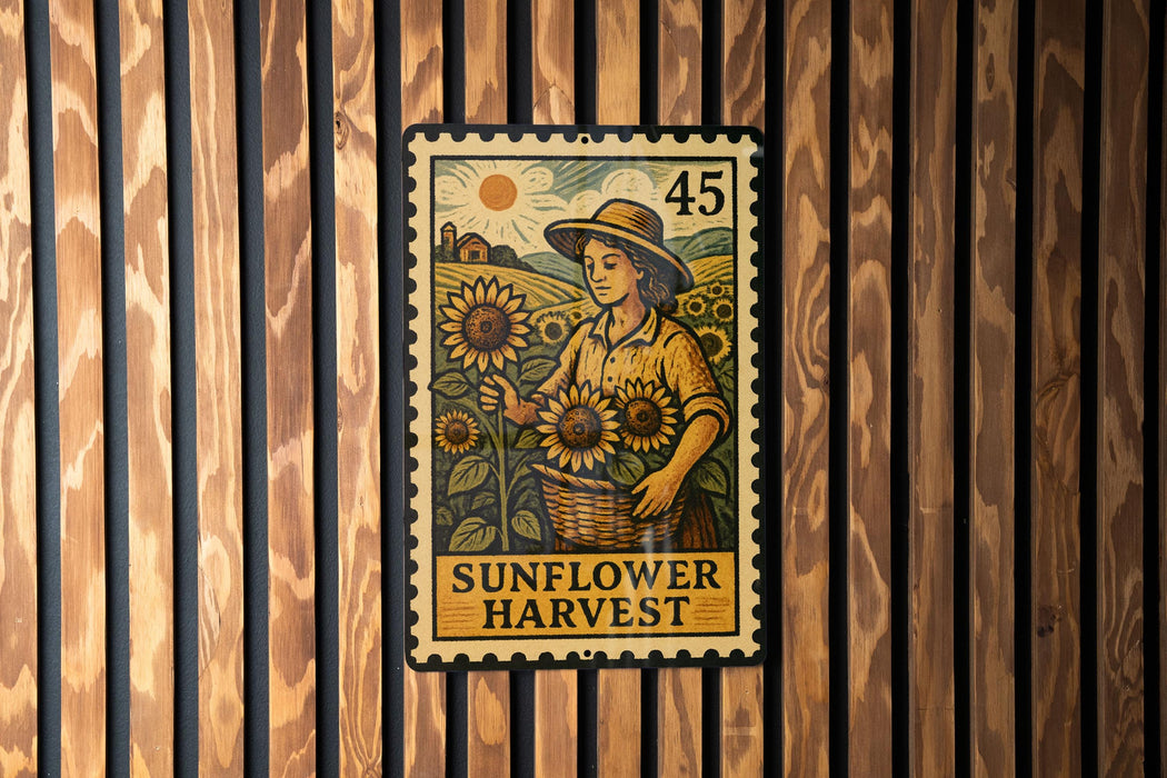 A metal stamp with a woman holding a basket of sunflowers, set against a wooden background.