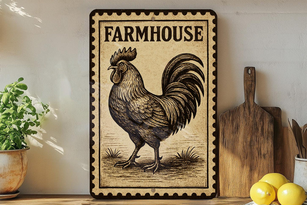 a wooden sign with a rooster illustration, placed on a wooden surface next to a wooden cutting board and some lemons.